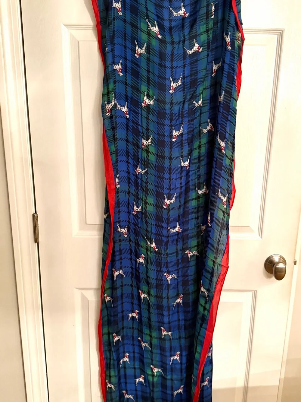 NEW Talbots Blue & Green Tartan Dalmatian Dog-Print Pet Scarf 72”z12” Red Trim